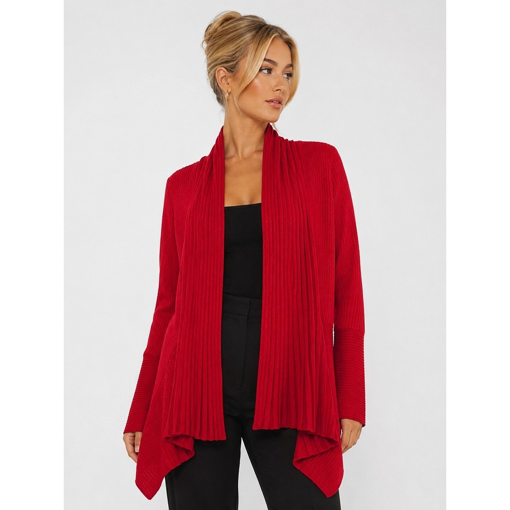 Misook Red Ribbed Open Front Draped Cardigan Sweater Size M